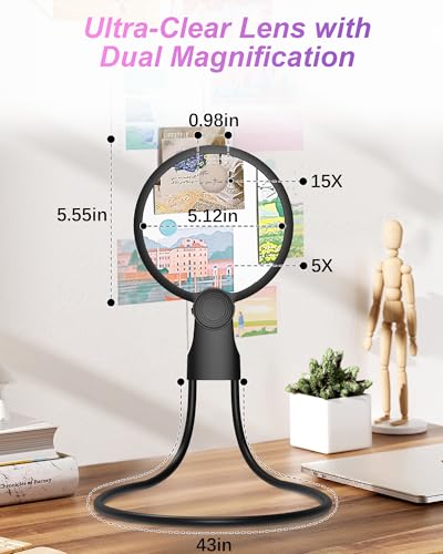 5X 15X Hands Free Magnifying Glass with Light for Reading 3 Color 48 LEDs, Neck Wear Magnifier with Light Hands Free for Reading Books, Crafts, Cross Stitch, Sewing, Close Work, Seniors, Low Vision