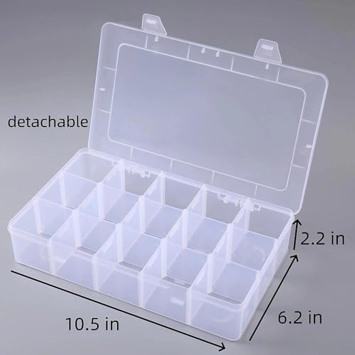 2 Pack Plastic Organizer Box with 14 Removable Dividers,15-Compartment Clear Storage Box for Crafts, Beads, Jewelry & Small Parts (10.5x6.5x2.2 Inches)