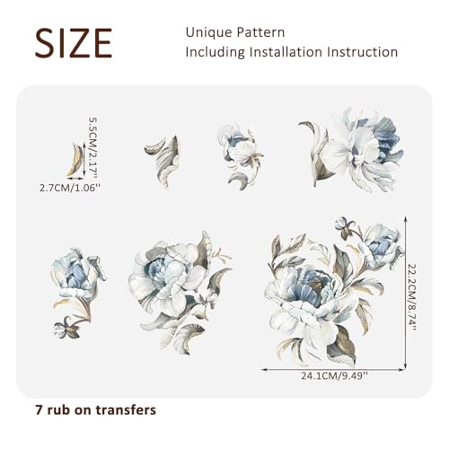 Floral Vintage Rub on Transfer for Furniture Large Flower UV DTF Transfer Sticker for Wood Glass Home Decor, Vintage Blue Penoy - style: Vintage Blue Penoy