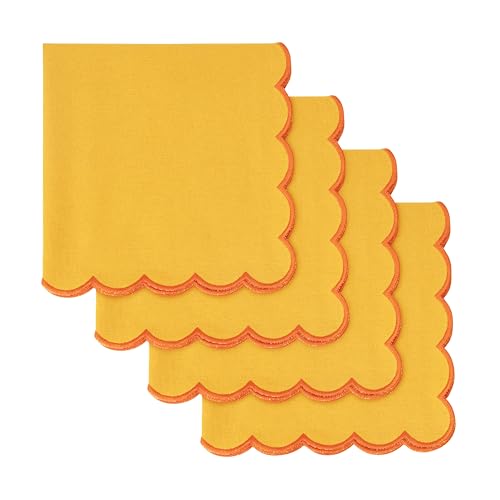 Blue Needles Cotton Scalloped Embroidery Cloth Napkins 17X17Inch - Set of 4 - color: Golden Yellow(edges - Orange)