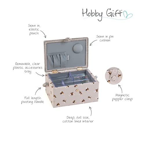 Hobby Gift Medium Sewing Box Organiser, Fabric Covered Storage Box with Handle, Internal Tray, Pin Cushion and Pocket for Sewing, Quilting and Knitting Supplies - color: Bee Happy