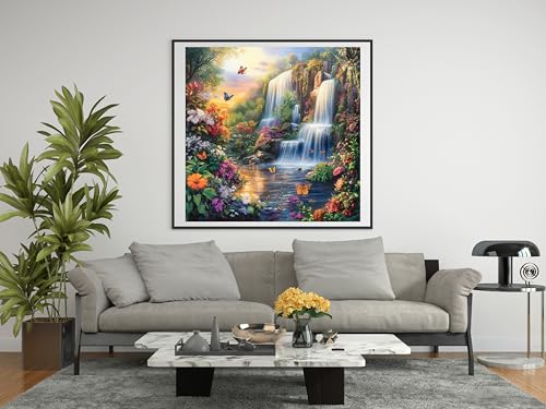 Moohue 14ct Counted Stamped Cross Stitch Kits for Adults Mountain Waterfall Flowers Printed Cross Stitch Patterns Art Crafts Cross Stitch Supplies (Waterfall Mountain) - color: Waterfall Mountain