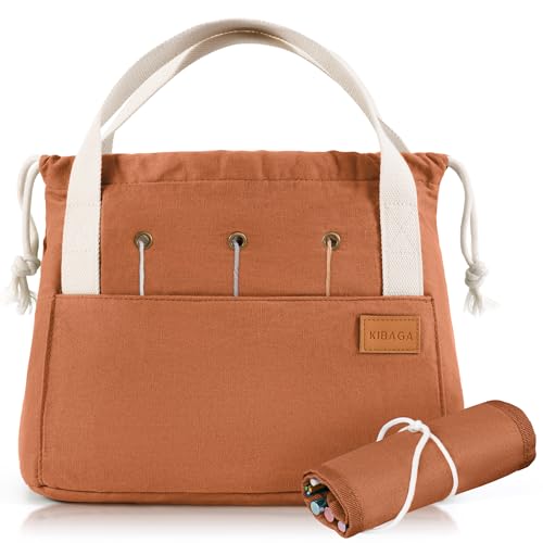 Stylish Crochet Bag Organizer for Yarn - Durable Canvas with 8 Pockets - color: Brown