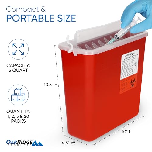 Oakridge Products Sharps Container for Home Use and Professional 5 Quart (1-Pack), Biohazard Needle and Syringe Disposal, Horizontal Drop Style Lid with levers, CDC Certified