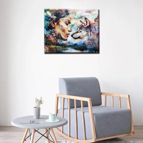 Aihonmin Paint by Numbers for Adults Beauty and The Beast Girl Grey Wolf Paintings DIY Kit for Adult Kids Beginner on Canvas Paint Acrylic Home Bedroom Wall Decor Handmade Holiday Gifts（Manual Frame - color: Art-02, size: 16''Wx20''H(DIY Frame)