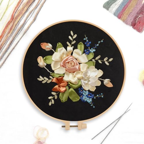 CREAWONDER Canvas Tote Bag Embroidery Kit with Pattern for Beginners, Arts and DIY Embroidery Crafts Kits for Adults, Include Instructions, Embroidery Hoops, Color Threads and Tool - color: Cr002 Xiaoqingxin06 Black