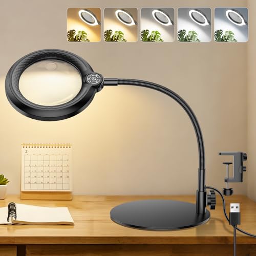 30X 10X Magnifying Glass with Light and Stand, 90 LED 5-Color Dimmable - size: Round