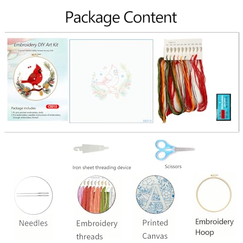 Zhenqing Cardinal Embroidery Kit for Beginners, Winter Red Bird Needlework Craft with Pre-Printed Cotton Fabric, Hoop, Threads & Tools, Holiday Decor (C0213) - color: Winter Cardinal