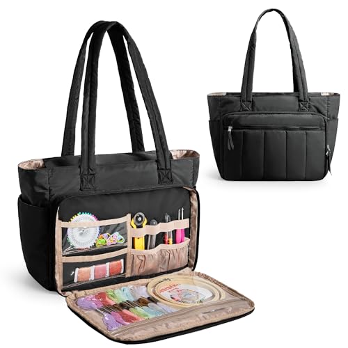 LUXJA Large Puffy Embroidery Bag with Multiple Pockets, Black