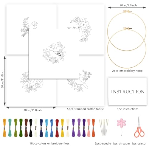 INFUNLY 5 Sets Bird and Flower Embroidery Kits for Beginner DIY Cross Stitch Starter Sets with Instructions Colorful Handmade Needlepoint Kits with Embroidery Cloth Colored Threads Hoops Tools - style: Flowers and birds
