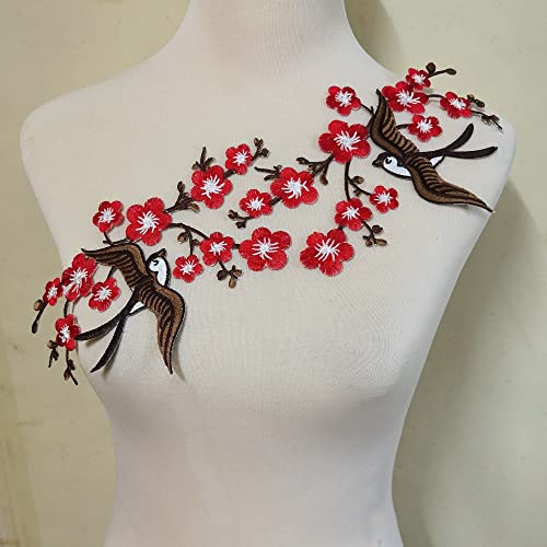 1pair Quince Sakura Flower Embroidery Iron On Applique Patches (Red H) - color: Red H