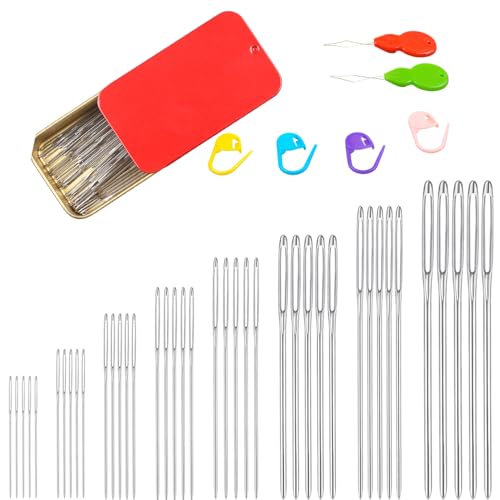 Eketirry 46 PCS Large-Eye Blunt Needles kit, 8 Sizes Stainless Steel Yarn Knitting Sewing Needles, Crafting Weaving Stringing Needles with Threaders and Stitch Markers (Red) - color: Red