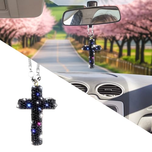 Bling Car Rear View Mirror Accessories Hanging Pendant,Cross Crystal Rhinestone For Car Mirror Hanging,Double-Sided Cross Diamond Religious,Interior Men Women Car Accessories - color: Black