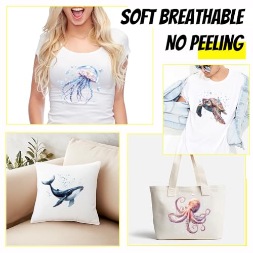 SUPERDANT 4PCS Marine Animals Iron on Transfer Paper Octopus Turtle Jellyfish Whale DIY Heat Transfer Sticker Washable Iron-on Decals for T Shirts DTF Transfers Ready to Press for Clothing Hoodie - style: Marine Animals