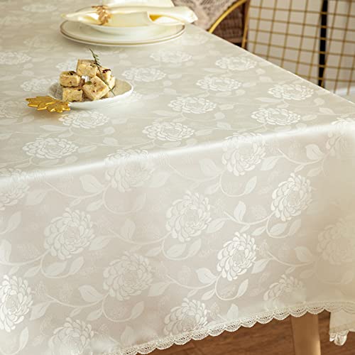 GLORY SEASON Textured Tablecloth Waterproof Spillproof Lace Trim Rectangle Damask Fabric Table Cloth for Wedding Kitchen Dinning Tabletop Decoration,Oblong Table Cover 55 x 86 Inch,Ivory White - size: 86" x 55" (Rectangular)