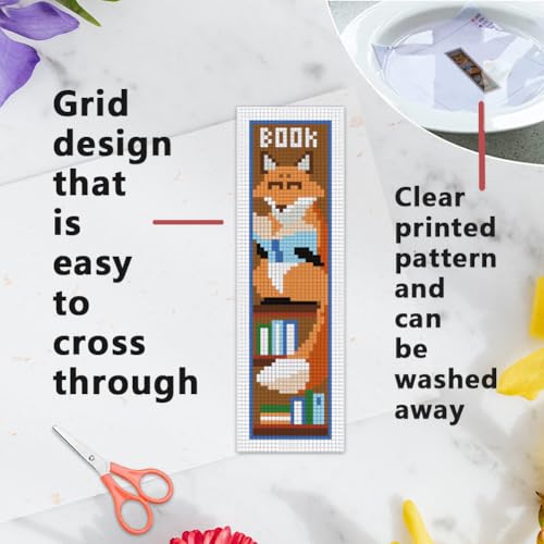 INFUNLY 6 Set Fox Reading Cross Stitch Bookmark Kit DIY Cross Stitch Kit 8"x2.4" Pre-Printed Books Stamped Embroidery Bookmark with Instructions for Beginners Book Lovers Gifts - style: Fox Reading