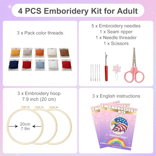 Huacan Embroidery Kit for Adults Beginners with 3 Hoops & Gift Box - color: US 250th Anniversary