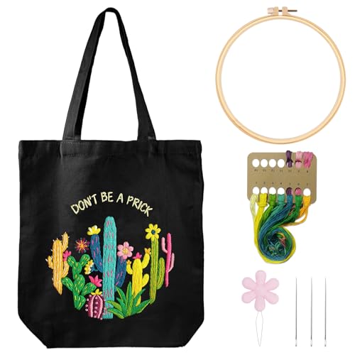 Louise Maelys 2 in 1 Embroidery Kit Canvas Tote Bag with Cactus Design - color: funny cactus