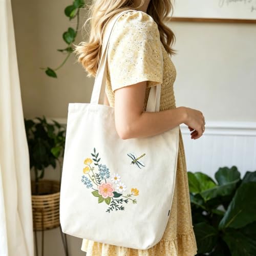 Canvas Tote Bag Embroidery Kit, Embroidery Kits for Beginners, Arts and DIY Crafts Embroidery Starter kit, Include Stamped Embroidery Bag, Threads, Embroidery Tools (Beige Bag with Dragonfly 2) - color: Beige Bag with Dragonfly 2
