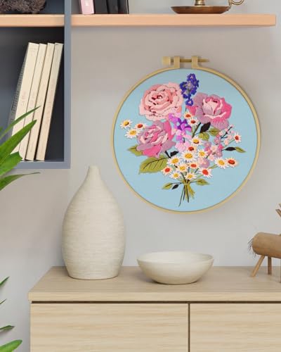 ERKOON Embroidery Kit for Beginners, Flower Cross Stitch Set for Include Embroidery Cloth Hoops Threads for Craft Lover Hand Stitch with Embroidery Skill Techniques (Bouquet) - color: Bouquet