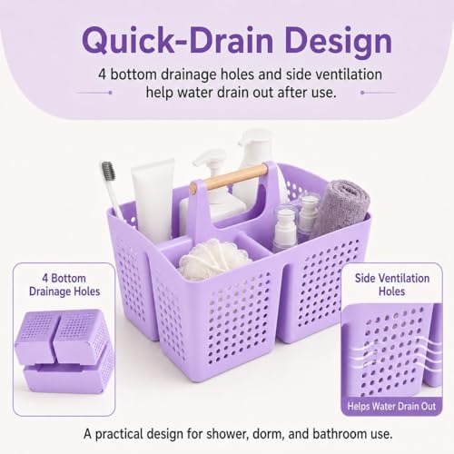 Portable Shower Caddy Basket with 3 Compartments and Handle, Purple - color: Purple