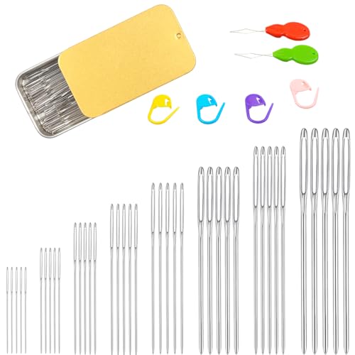 Eketirry 46 PCS Large-Eye Blunt Needles kit, 8 Sizes Stainless Steel Yarn Knitting Sewing Needles, Crafting Weaving Stringing Needles with Threaders and Stitch Markers (Gold) - color: Golden