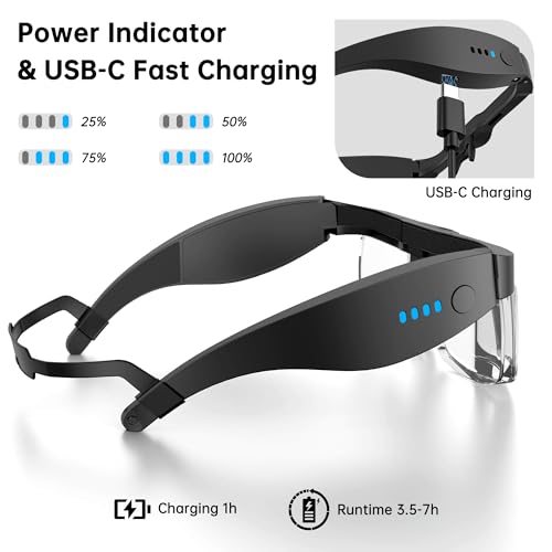 Magnifying Glasses with Light,0.75X-4.0X Magnifying Headset | Detachable 5 Lenses,3 LED Lights,Rechargeable Magnify Glasses, Hands Free Headband Magnifier for Close Work Hobby Crafts for Jewelry - color: Black