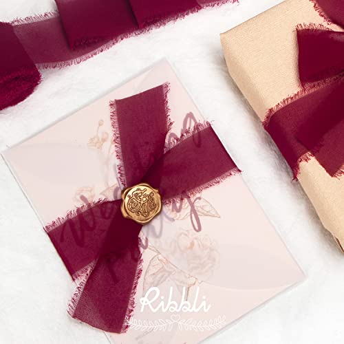 Ribbli Burgundy Chiffon Silk Ribbon, 1.5 inch x 30 Yard, Handmade, Fringe, Wedding Invitations, Gift Wrapping, Bridal Bouquets, Flower Arrangement - color: Burgundy