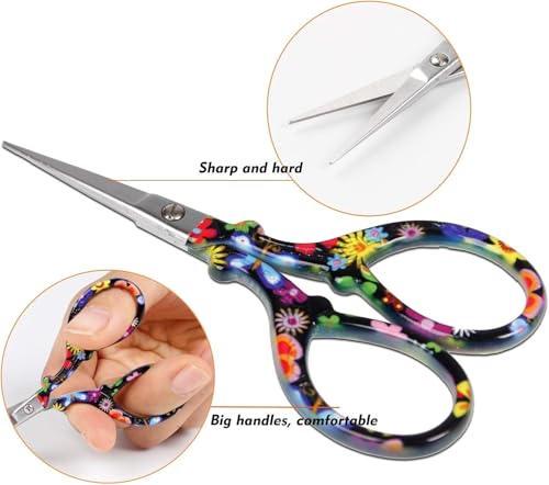 3.6 inch Sharp Embroidery Scissors for Sewing with Premium Leather Sheath - color: Black Flower