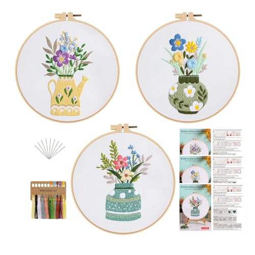 GLTAYLMY 3 Pack Embroidery Starter Kit with Pattern, Stamped Cross Stitch Kits for Beginners Adults with Embroidery Hoop and Instructions, Hand Embroidery Kit - color: Floral123