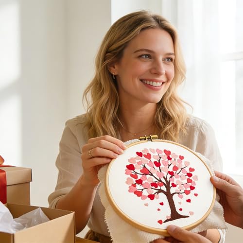 Love Heart Tree Embroidery Kits for Beginners Adults, Valentine's Day Hand Embroidery Kits, Cross Stitch Kits for Adult Anniversary Valentine's Gift, Entire Set of Embroidery Supplies & Video Tutorial - color: H2067