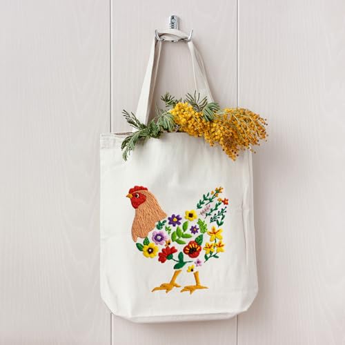 Louise Maelys Embroidery Kit, Canvas Tote Bag with Floral Hen Art Pattern - color: hen flowers