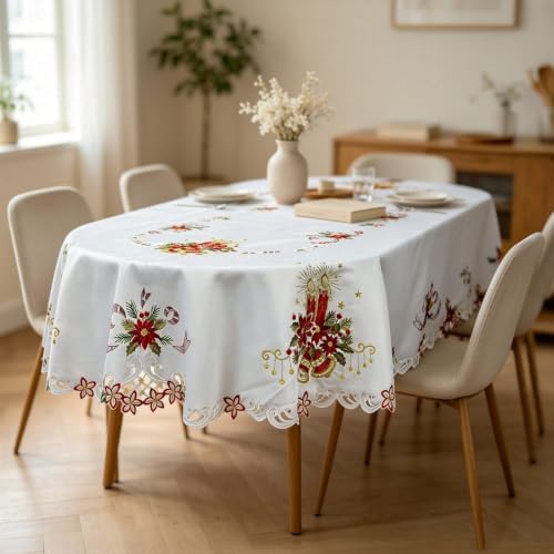 Grelucgo Holiday Tablecloth, White with Red Poinsettia Embroidered Design, Scalloped Edge, Christmas Dining Table Decor (Oval 57x84 Inches) - size: 84" x 57" (Oval)