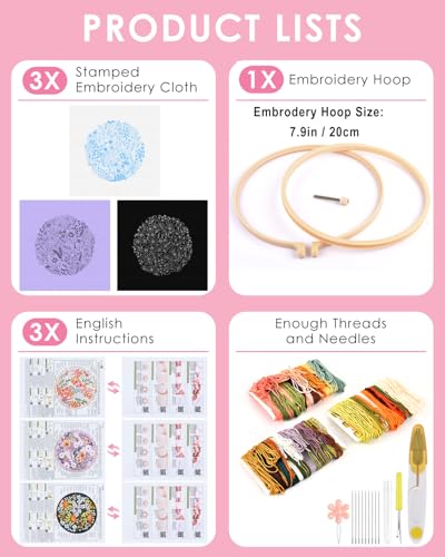 TINDTOP Embroidery Kit for Adult, 3 Pack Embroidery DIY Starter Kit, with Stamped Patterns, Hoop, Tools, Colorful Threads with Needles, Instructions (Bouquet) - color: Bouquet