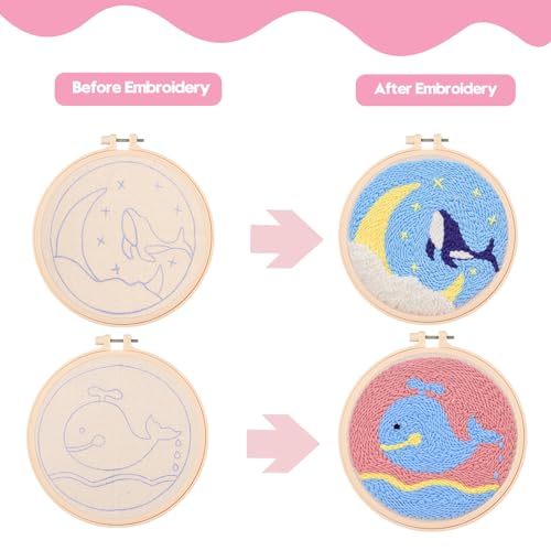 Cheloment 2 Sets Punch Needle Kits with 5mm/3.5mm Punch Needle,Fabric,Threader, Yarns and Hoops Embroidery Starter Kit for Adults Beginner, Perfect for DIY Craft and Decoration (Dolphin&Whale) - size: Dolphin & Whale