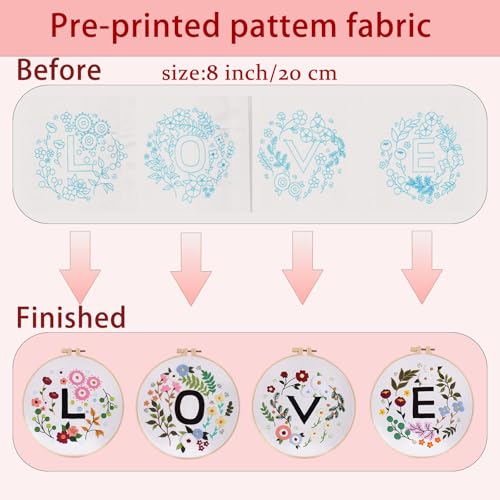 Vereela Embroidery Kit for Beginners Adults, 4 Pack Stamped Embroidery Starter Kit with Flower and Love Patterns, Hoops, Threads, Needles, Scissors and Instructions, DIY Craft Gift for Women Teens - color: white