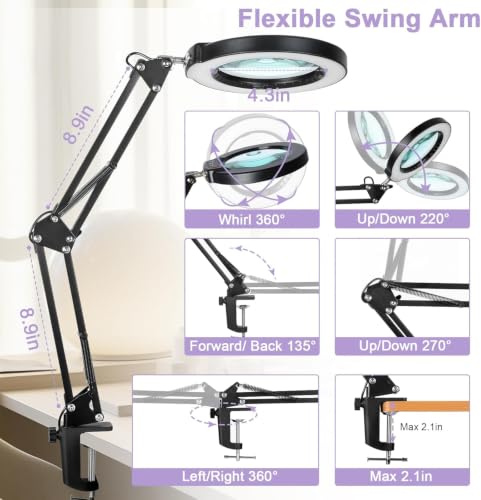 30X 12X Magnifying Glass with Light and Clamp, Real Glass Lens Lighted Magnifier with Stand, 5 Color Modes LED Dimmable Magnifying Desk Lamp Hands Free for Crafts Jewelry Painting Sewing Close Work - color: Black, size: 30X 17.8inch Clamp