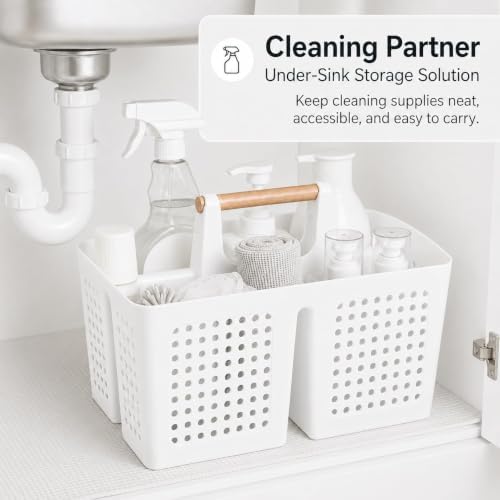 Portable Shower Caddy Basket with 3 Compartments and Handle, White - color: White
