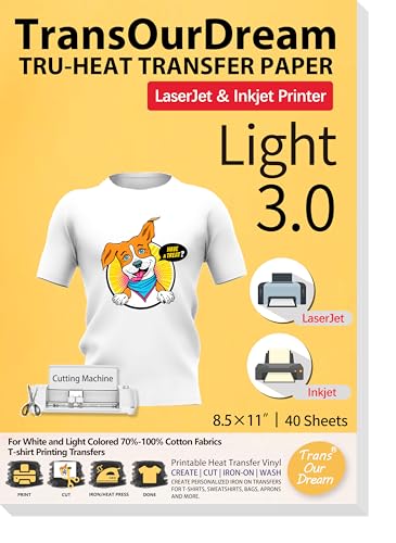 TransOurDream Heat Transfer Paper for Inkjet & LaserJet Printer (40 Sheets, 8.5x11, 3.0) Printable HTV Heat Transfer Vinyl for T Shirts Iron on Transfers for Light Fabrics (L3-40) - color: Light, size: 40 Sheets