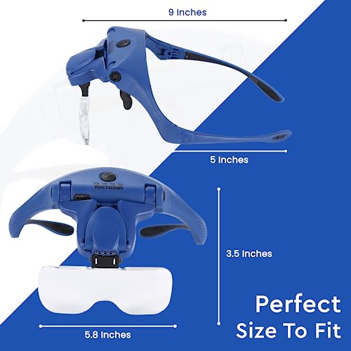 YOCTOSUN Magnifying Glasses with Light, Hands Free Headband Magnifier with 4 LED Lights and 5 Detachable Lenses 1X to 3.5X,Rechargeable Head Magnifier Glasses for Crafts, Hobby, Close Work - color: Deep Blue