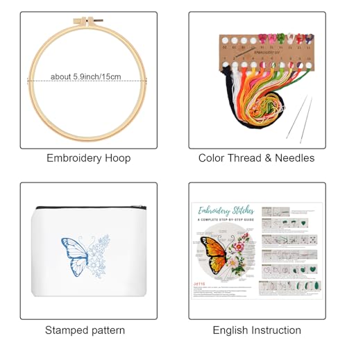 Louise Maelys Embroidery Kit, Butterfly Floral Canvas DIY Makeup Bag Craft - color: Butterfly and Floral