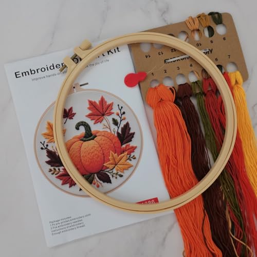 Esffaci Embroidery Starter Kit for Adult Beginner with Pumpkin Flower Pattern Hand Embroidery Set with Cloth Hoop Needle Threader Floss and Instruction - color: Pumpkin