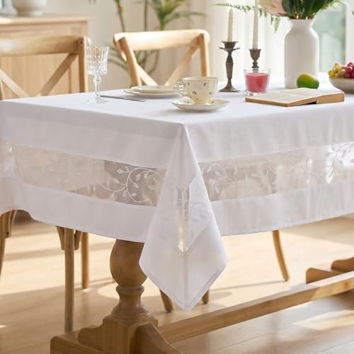 Polyester Fabric Tablecloth with Exquisite Embroidery Sheer Border-Waterproof/Wrinkle Resistant-for Dining,Indoor&Outdoor,Wedding,Holiday,White,Square 52x52Inch - color: White, size: 52" x 52" (Square)