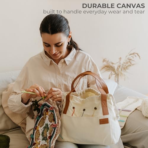 Stylish Crochet Bag Organizer for Yarn - Durable Canvas with 8 Pockets - color: Beige