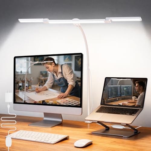 LED Desk Lamp for Office Home, Adjustable 3 Head Desk Light with Adapter - color: White