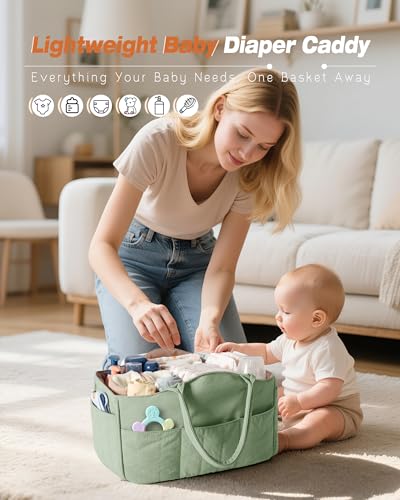 Marscamd Quilted Baby Diaper Caddy with Detachable Divider and Wipes Pocket - color: Green