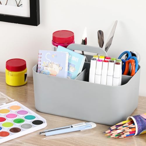 Multiuse Caddy Organizer with Handle, Portable Divided Plastic Tote Bin - Art Craft, Stationary Pen Marker Crayons, Makeup Hair Supplies Storage - Bathroom, Classroom, Dorm, Office, Desk Holder - Grey - color: Grey
