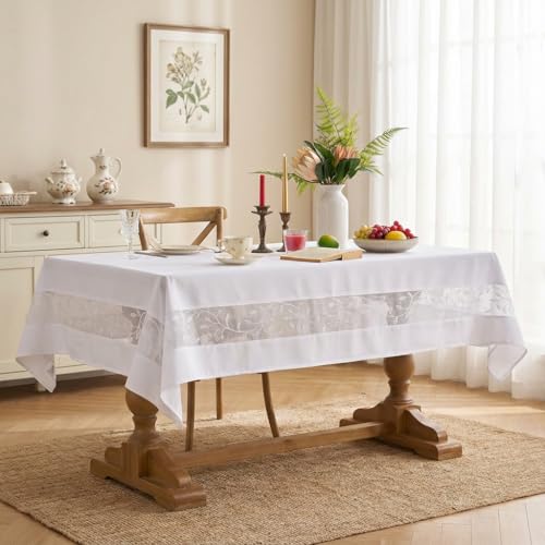 Polyester Fabric Tablecloth with Exquisite Embroidery Sheer Border-Waterproof/Wrinkle Resistant-for Dining,Indoor&Outdoor,Wedding,Holiday,White,Rectangle 60x84Inch - color: White, size: 84" x 60" (Rectangular)