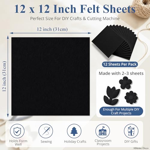 12" x 12" Felt Sheets for Crafts, 2mm Stiff Felt Fabric (12 Pcs), Black - color: Black