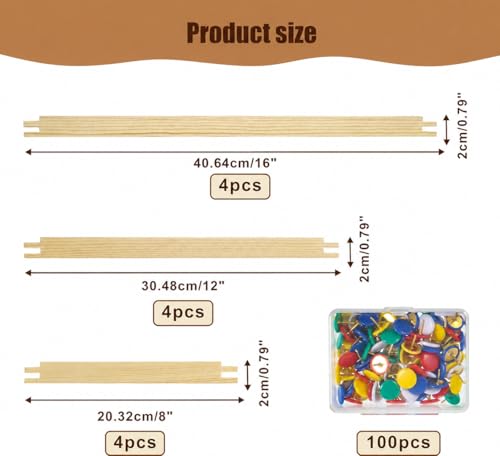 Needlepoint Stretcher Bars for Needlework, 12-Piece Wooden Canvas Frame Set with 100 Tacks, 8, 12 & 16 Inch, Tool-Free Square or Rectangle Frames for Cross Stitch, Embroidery & Quilting